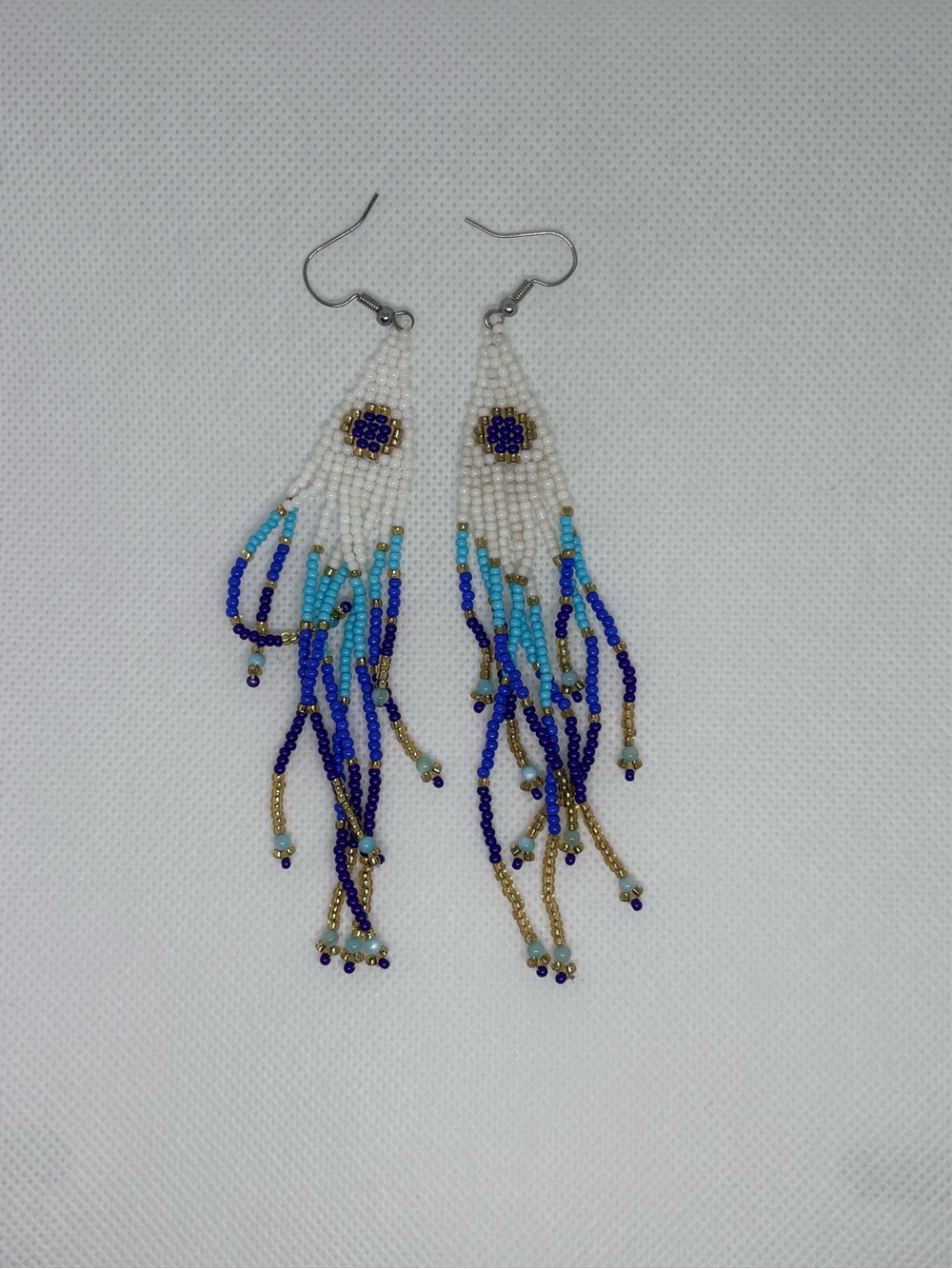 Hand Crafted White, Blue and Gold Beaded Fringe Earrings